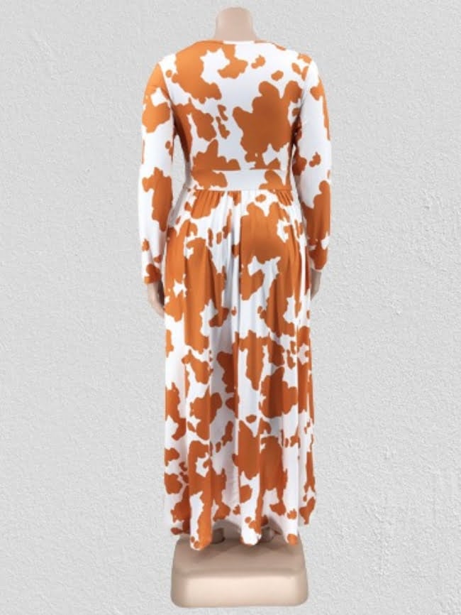 Cow print v-neck tie dress