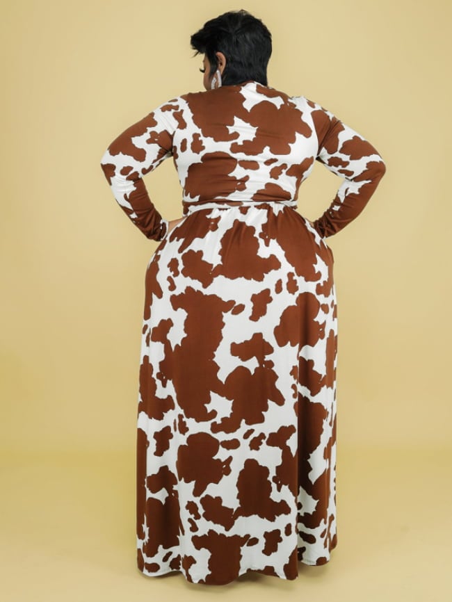 Cow print v-neck tie dress