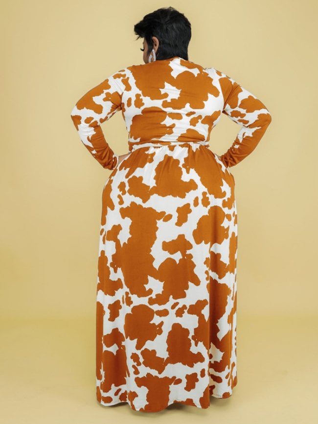 Cow print v-neck tie dress