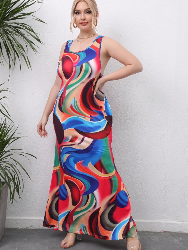 Irregular Color Print Sleeveless Dress