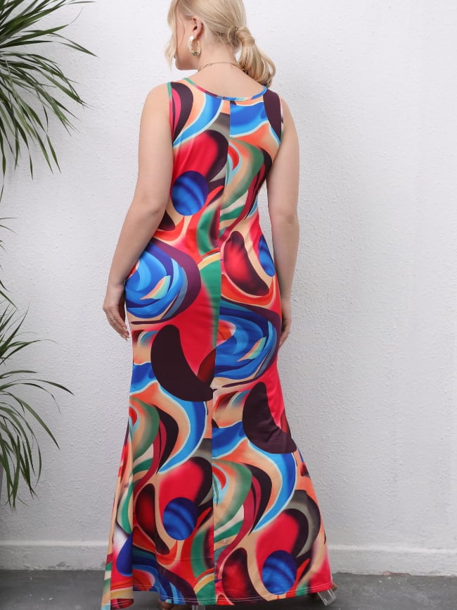 Irregular Color Print Sleeveless Dress