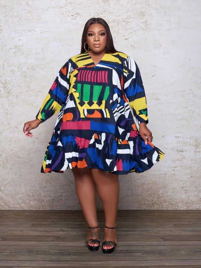 Plus Long Sleeve Printed V-neck Dress