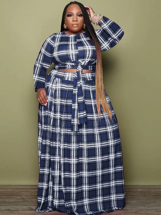 Plus Plaid Print Casual Two-Piece Set