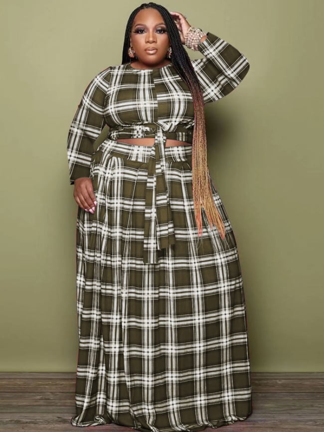 Plus Plaid Print Casual Two-Piece Set