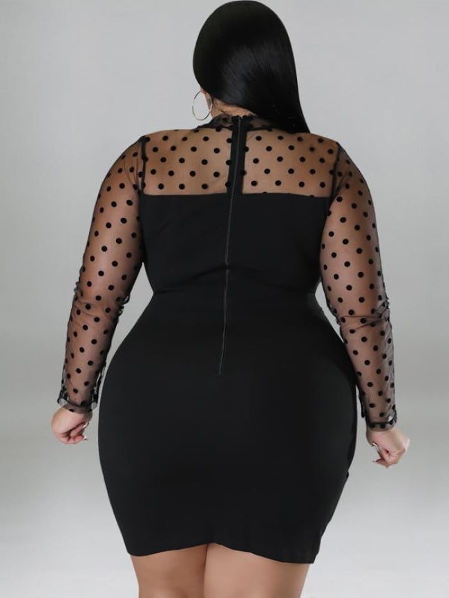 Plus Polka Dot Printed Mesh Panel Sexy Dress