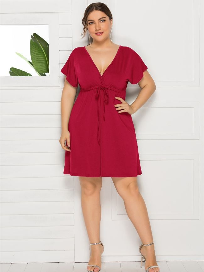 Plus Solid Color V-Neck Drawstring Dress