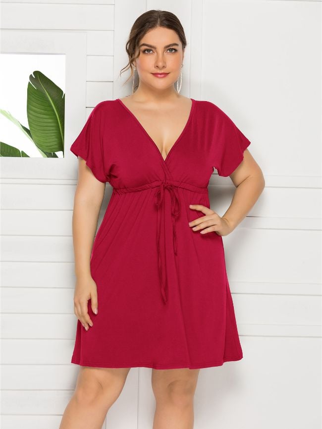 Plus Solid Color V-Neck Drawstring Dress