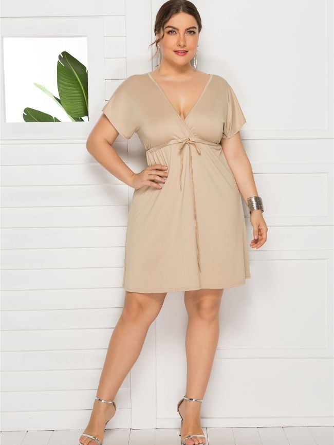 Plus Solid Color V-Neck Drawstring Dress