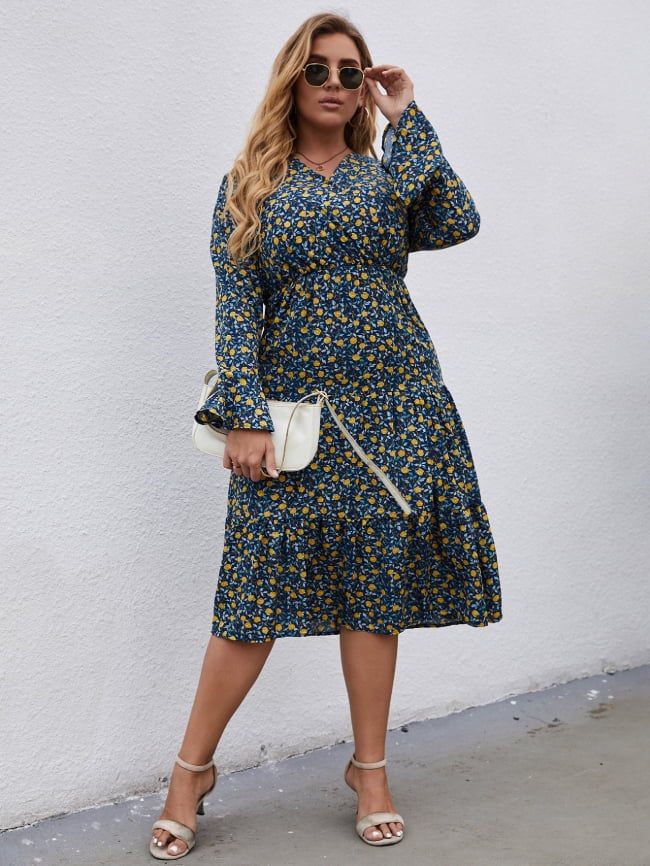 Plus V-neck Floral Print Dress