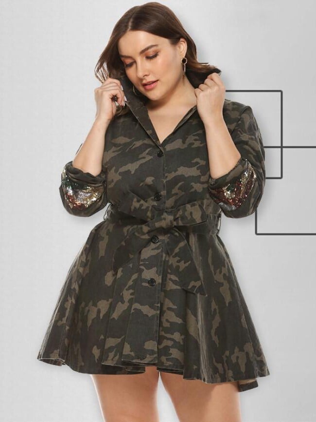 Plus camouflage sequin stitching dress