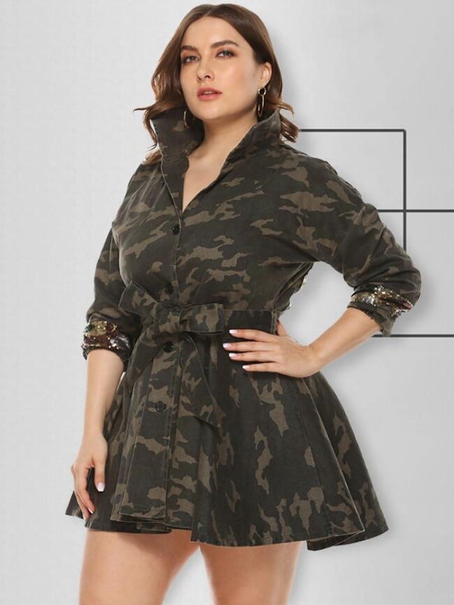 Plus camouflage sequin stitching dress