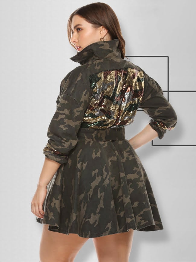 Plus camouflage sequin stitching dress