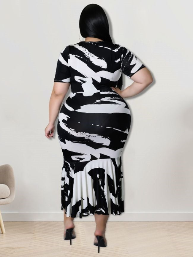 Plus irregular print fishtail dress