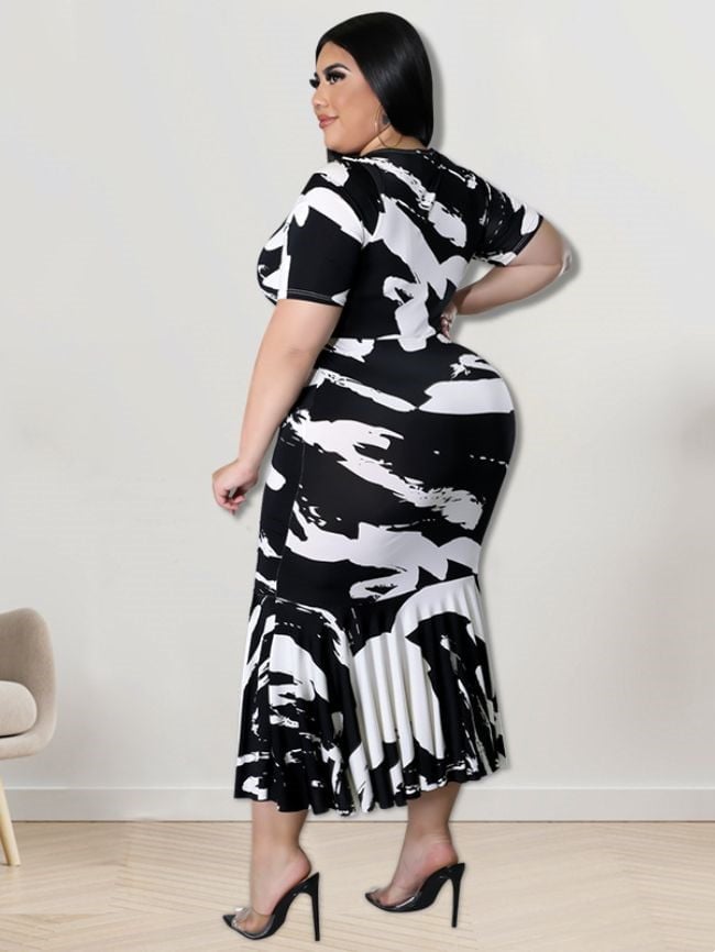 Plus irregular print fishtail dress