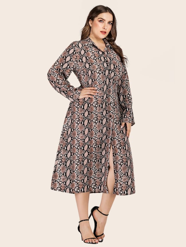 Plus lapel Snakeskin Print Button Dress