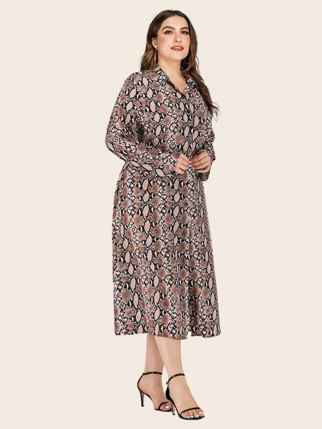 Plus lapel Snakeskin Print Button Dress