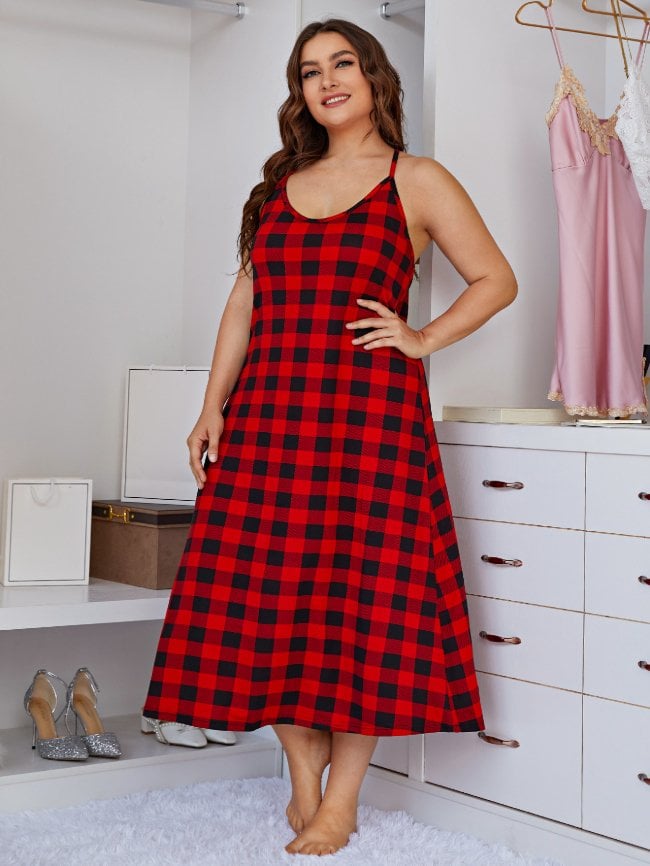 Plus plaid backless suspender nightdress