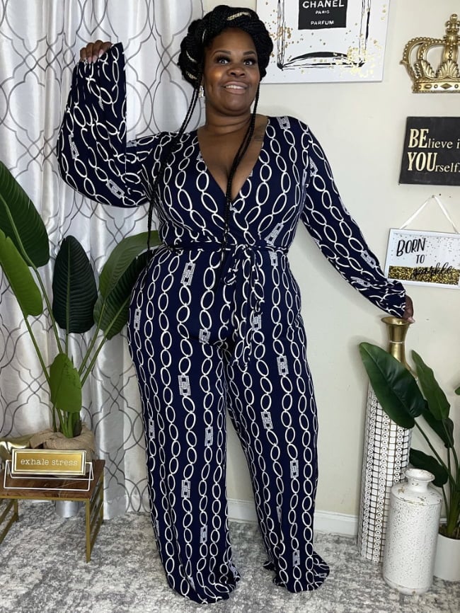 Plus sexy V-neck printed jumpsuit