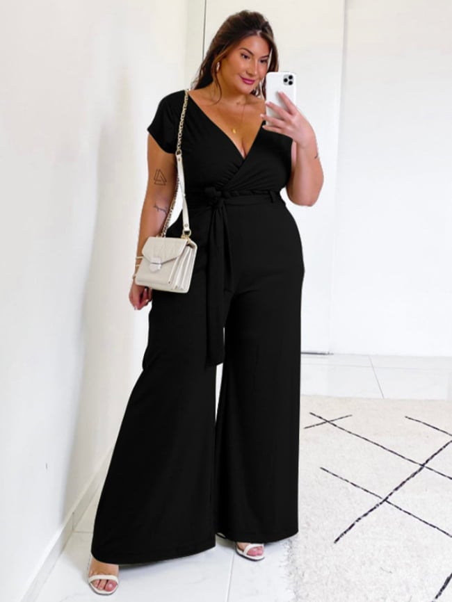 Plus solid color V-neck wide-leg jumpsuit