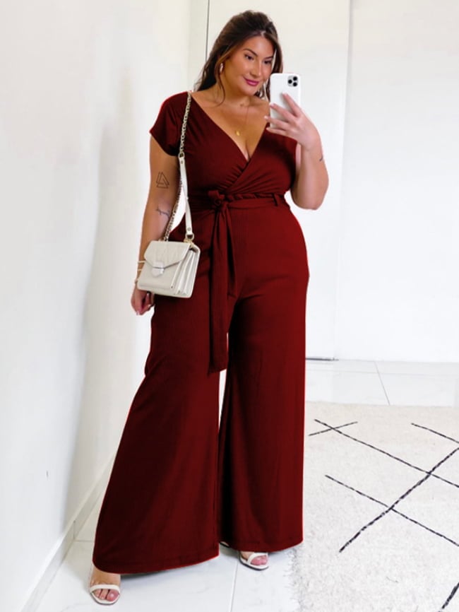 Plus solid color V-neck wide-leg jumpsuit