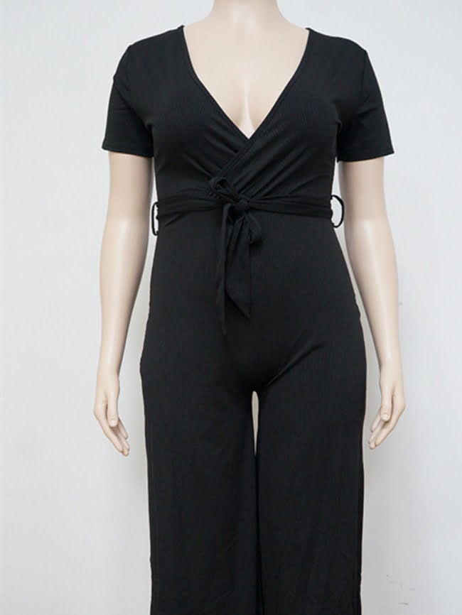 Plus solid color V-neck wide-leg jumpsuit