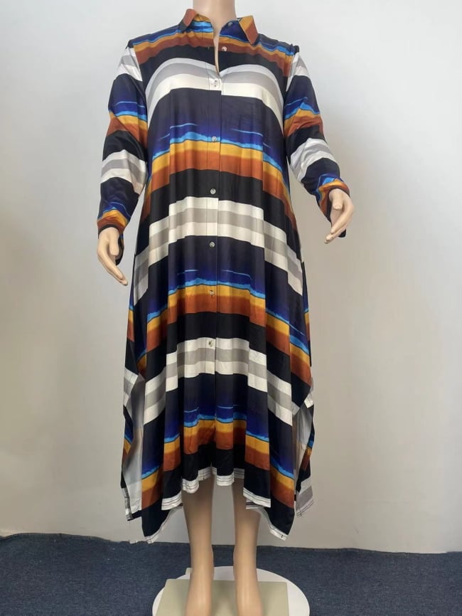 Plus striped lapel button shirt dress