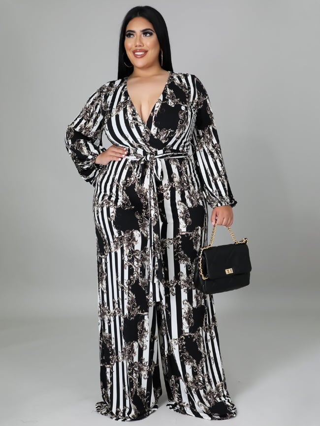 Plus v-neck printed tie jumpsuit