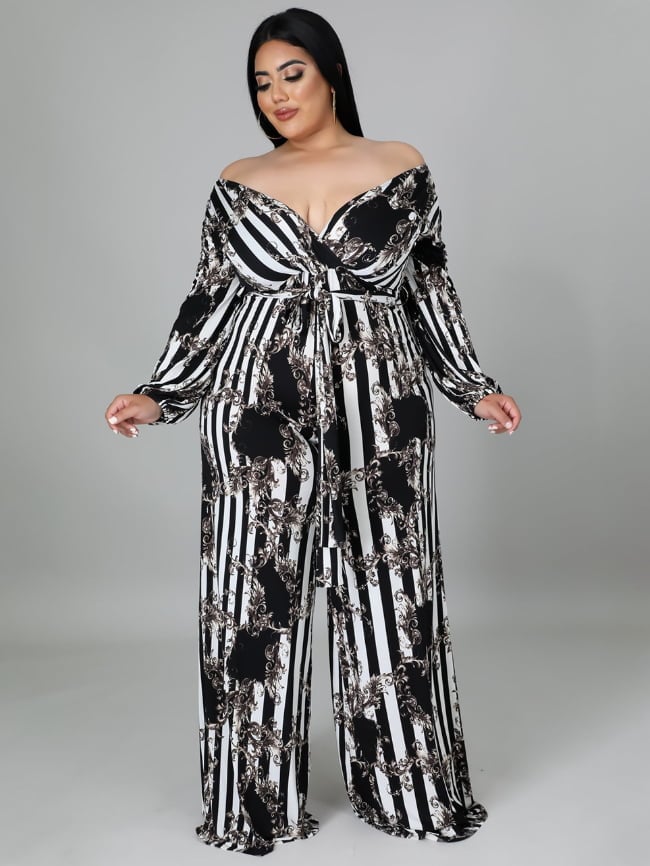 Plus v-neck printed tie jumpsuit