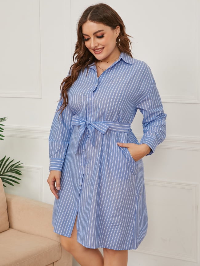 Plus Vertical Striped Belted Shirt Dress