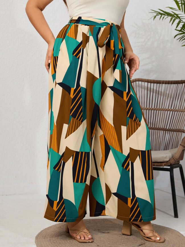 Plus Color Block Elasticized Wide-Leg Pants