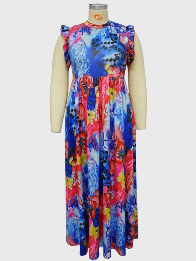 Plus Fashion Print Sleeveless Maxi Dress