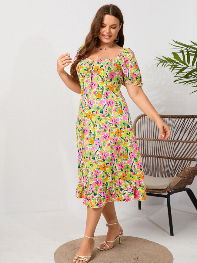 Plus Floral Square Neck Ruffle Dress