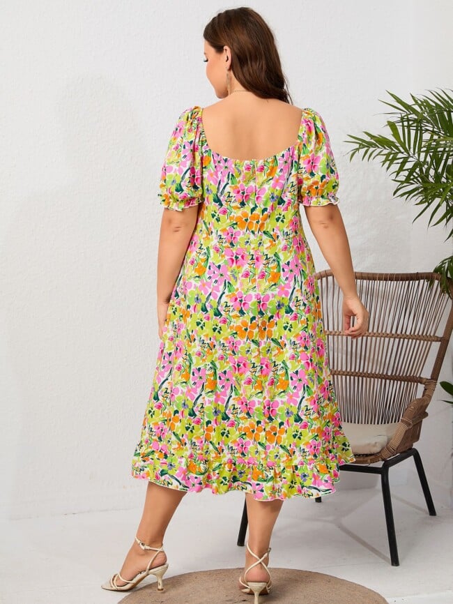 Plus Floral Square Neck Ruffle Dress