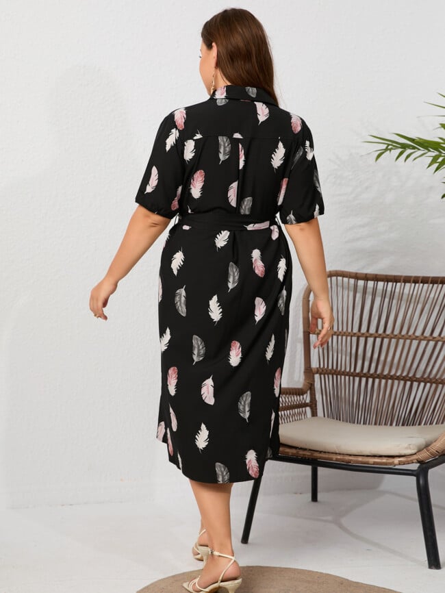 Plus Leaf Print Lapel Slit Dress