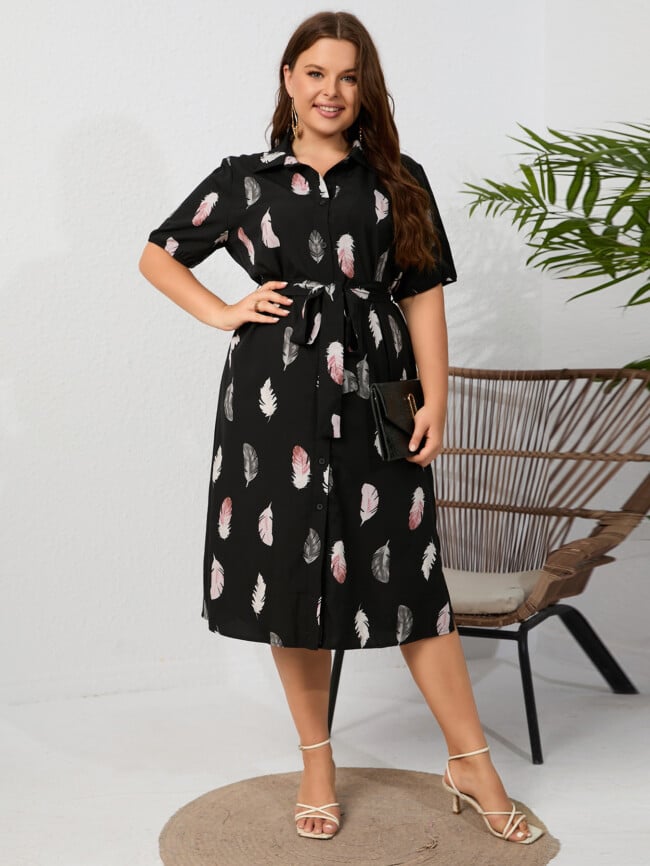 Plus Leaf Print Lapel Slit Dress