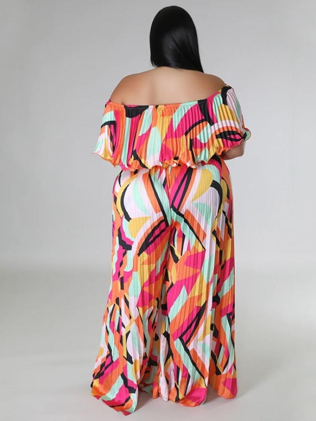 Plus Print Off-the-shoulder Loose Jumpsuit