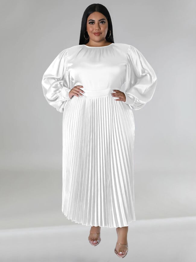 Plus Solid Color Pleated Long Sleeve Dress