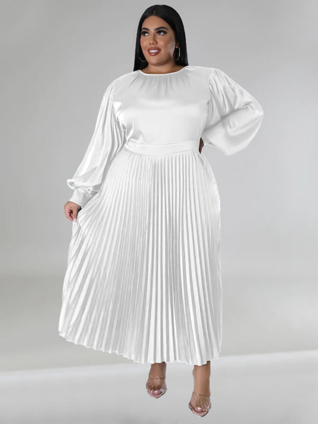 Plus Solid Color Pleated Long Sleeve Dress