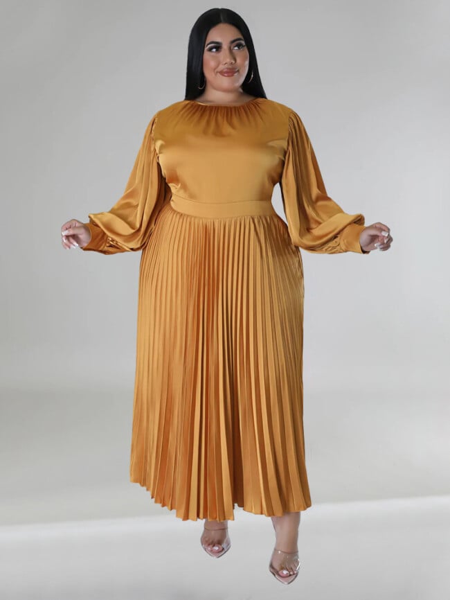 Plus Solid Color Pleated Long Sleeve Dress