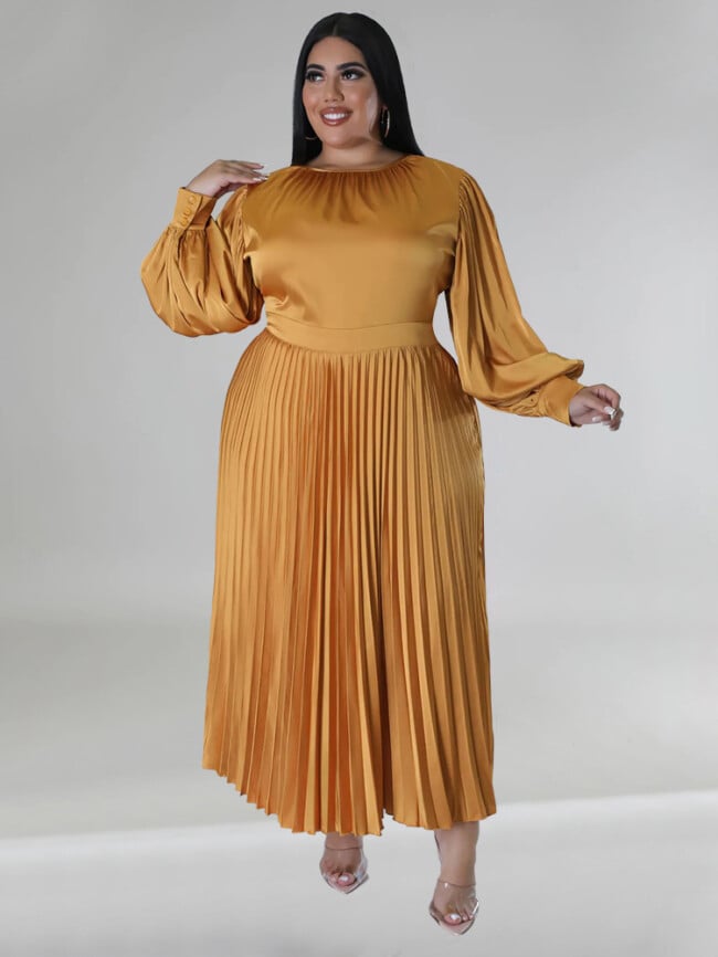 Plus Solid Color Pleated Long Sleeve Dress