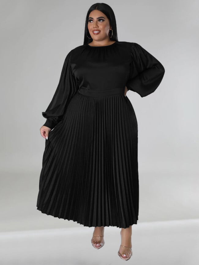 Plus Solid Color Pleated Long Sleeve Dress