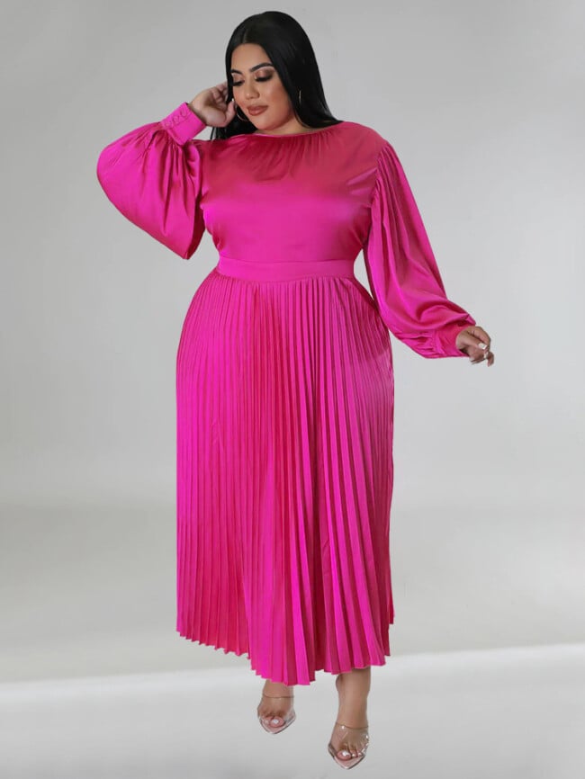 Plus Solid Color Pleated Long Sleeve Dress