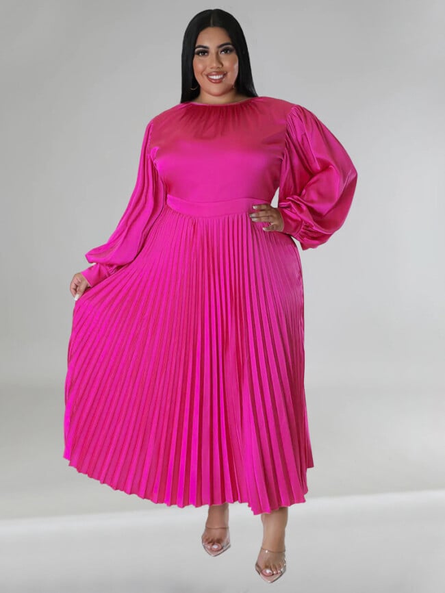 Plus Solid Color Pleated Long Sleeve Dress