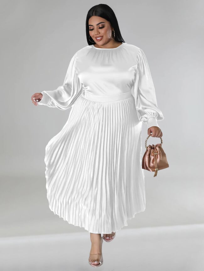 Plus Solid Color Pleated Long Sleeve Dress