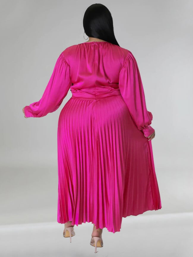 Plus Solid Color Pleated Long Sleeve Dress