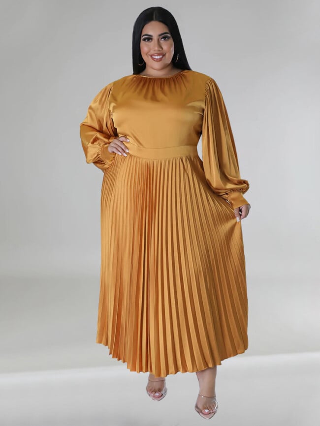 Plus Solid Color Pleated Long Sleeve Dress