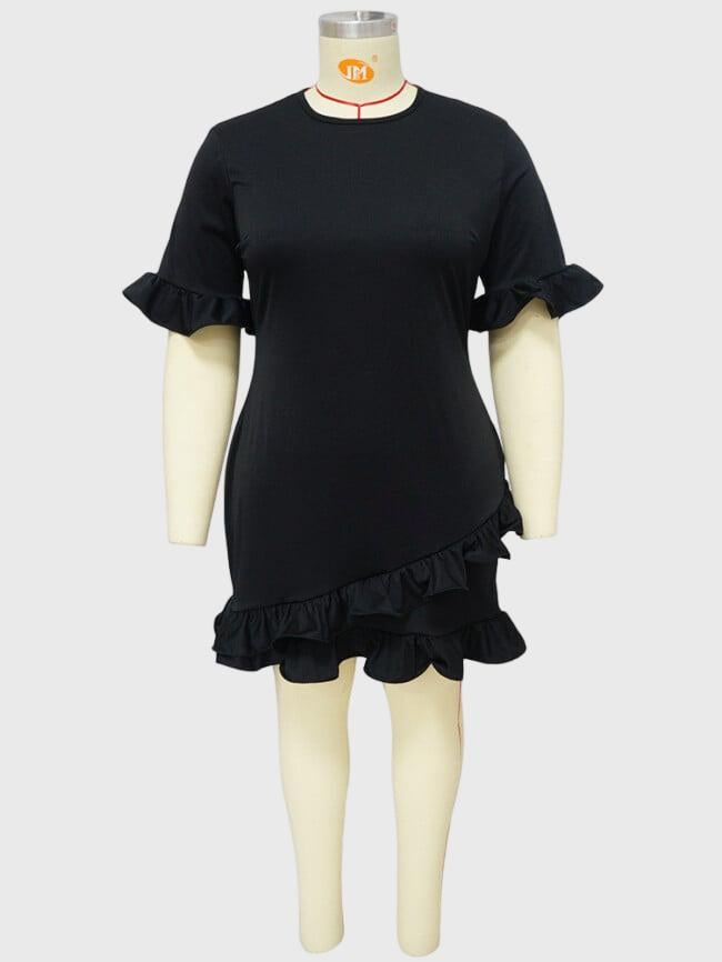 Plus Solid Color Ruffle Casual Dress