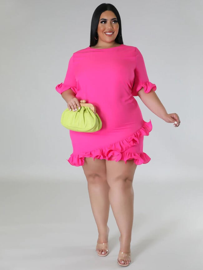 Plus Solid Color Ruffle Casual Dress