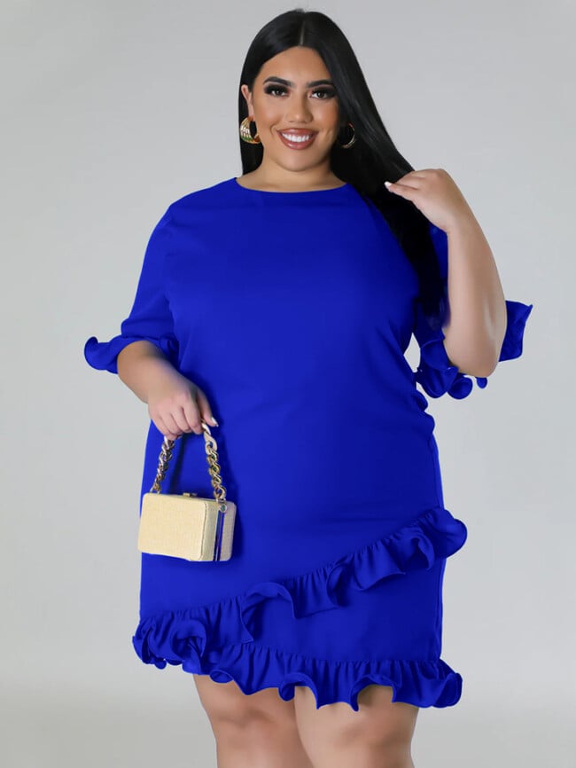 Plus Solid Color Ruffle Casual Dress