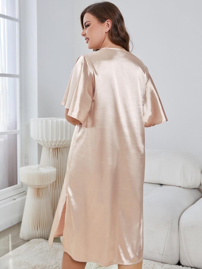 Plus Solid Color Ruffle Sleeve Loose Nightdress